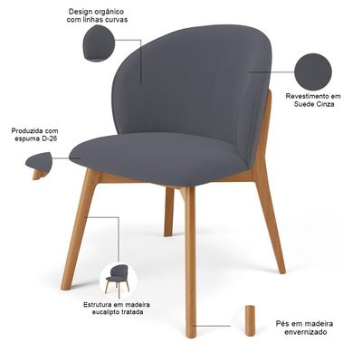 Kit 02 Cadeiras de Jantar e Estar Living Estofada Mia L02 Suede Cinza - Lyam Decor