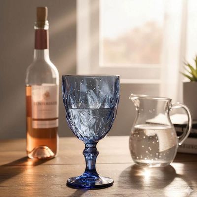Taça Diamond De Vidro Azul 350ml Água Sucos Refrigerantes Avulsa Cálice Copo