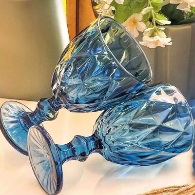 Taça Diamond De Vidro Azul 350ml Água Sucos Refrigerantes Avulsa Cálice Copo