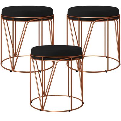 Kit 03 Puffs Decorativo Aramado Bronze Zaya L02 Corano Preto - Lyam Decor