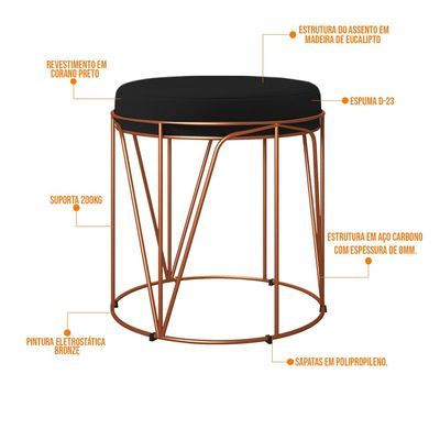 Kit 03 Puffs Decorativo Aramado Bronze Zaya L02 Corano Preto - Lyam Decor