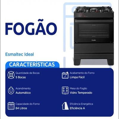 Fogão Esmaltec Ideal Top Glass 5 Bocas T5VAP 5126 Acendimento Automático Preto Bivolt