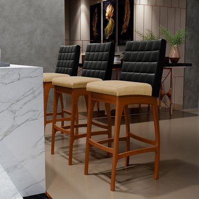 Kit 05 Banquetas Altas Sala De Jantar Fixa Mila B04 Couríssimo Preto Linho Bege Escuro - Lyam Decor