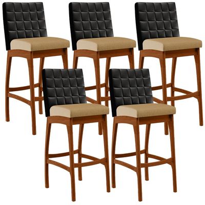 Kit 05 Banquetas Altas Sala De Jantar Fixa Mila B04 Couríssimo Preto Linho Bege Escuro - Lyam Decor