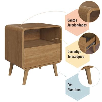 Kit Conjunto 02 Mesas De Cabeceira Canto Curvo Com Nicho 01 Gaveta E Pés Palito Retrô Carvalho Xingu