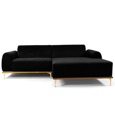 Sofá 3 Lugares com Chaise Direito Para Sala Molino 230 cm D02 Veludo Preto C-300 -Lyam Decor