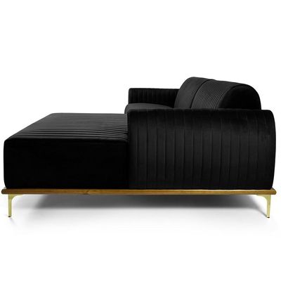 Sofá 3 Lugares com Chaise Direito Para Sala Molino 230 cm D02 Veludo Preto C-300 -Lyam Decor