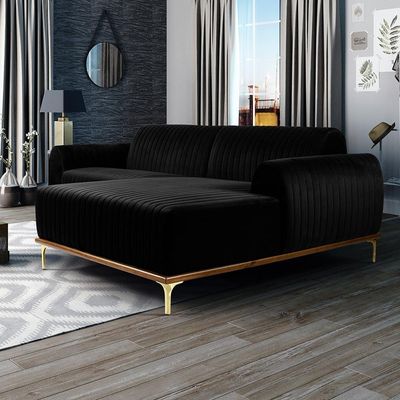 Sofá 3 Lugares com Chaise Direito Para Sala Molino 230 cm D02 Veludo Preto C-300 -Lyam Decor