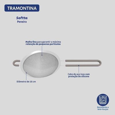 Peneira Tramontina Softta Cinza Em Aço Inox Com Cabo De Polipropileno 16cm