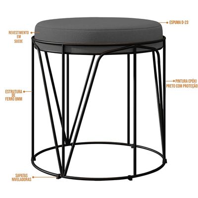 Kit 03 Puffs Decorativo Aramado Preto Zaya L02 Suede Cinza - Lyam Decor