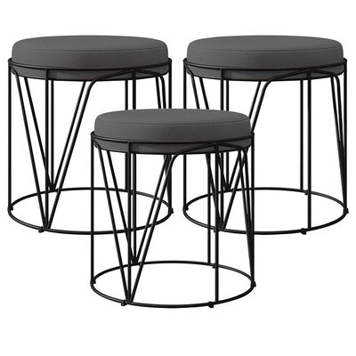 Kit 03 Puffs Decorativo Aramado Preto Zaya L02 Suede Cinza - Lyam Decor