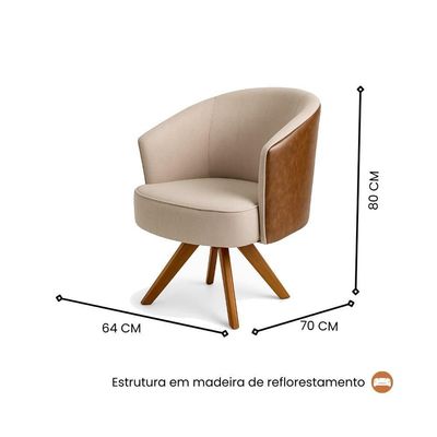 Poltrona Julia Giratoria Com Couro Pes Madeira - Luxo Decor Bege-couro