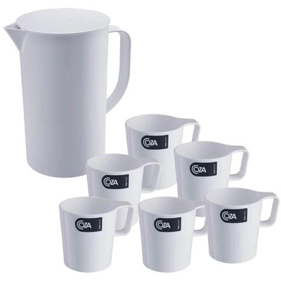 Conjunto Jarra de Suco 2L com Tampa e 6 Canecas de Plástico Empilhável 250ml Branco Coza