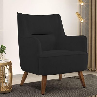 Poltrona Decorativa Fixa Pés de Madeira Isabella D02 Veludo Preto C-300 - Lyam Decor