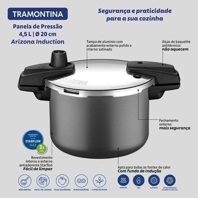Panela De Pressão Tramontina Arizona Induction Em Alumínio Com Revestimento Antiaderente Titânio 20cm 4,5 Litros