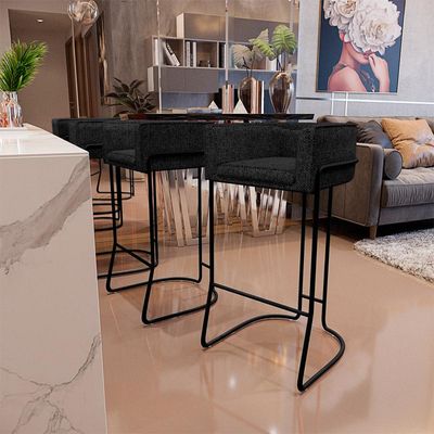 Kit 04 Banquetas Decorativas Fixa Base de Aço Preto Betina D02 Linho Chumbo D-465 - Lyam Decor