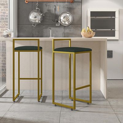 Kit 02 Banquetas Alta Para Cozinha Sala De Jantar Hanna L02 Dourado Linho Verde Musgo - Lyam Decor