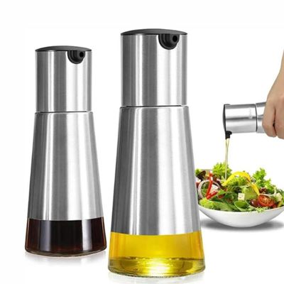 Kit Galheteiro De Vidro Com Detalhes Em Inox E Suporte 3 Peças De Luxo 230ml
