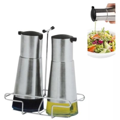 Kit Galheteiro De Vidro Com Detalhes Em Inox E Suporte 3 Peças De Luxo 230ml
