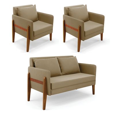 Kit 1 Sofá Namoradeira e 2 Poltronas Lana Suede Marrom Rato Base de Madeira