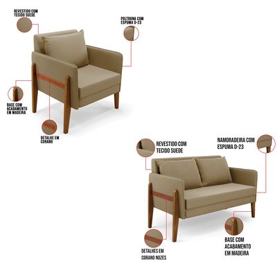 Kit 1 Sofá Namoradeira e 2 Poltronas Lana Suede Marrom Rato Base de Madeira