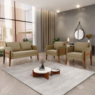Kit 1 Sofá Namoradeira e 2 Poltronas Lana Suede Marrom Rato Base de Madeira
