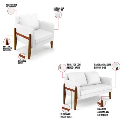 Kit 1 Sofá Namoradeira e 2 Poltronas Lana Corino Branco Base de Madeira