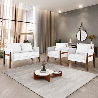 Kit 1 Sofá Namoradeira e 2 Poltronas Lana Corino Branco Base de Madeira