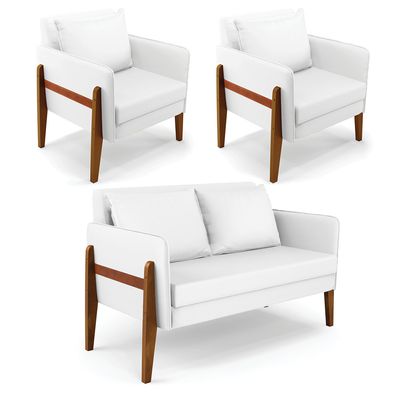 Kit 1 Sofá Namoradeira e 2 Poltronas Lana Corino Branco Base de Madeira