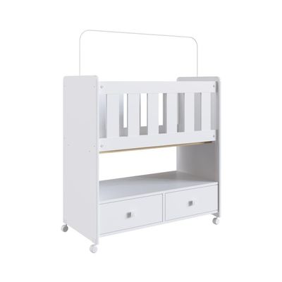 Mini Berço Infantil Moisés Com Rodas, Gavetas E Grade Em Mdf 90cm Quarto De Bebê Branco