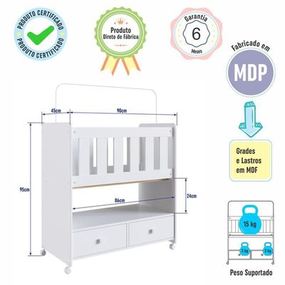 Mini Berço Infantil Moisés Com Rodas, Gavetas E Grade Em Mdf 90cm Quarto De Bebê Branco