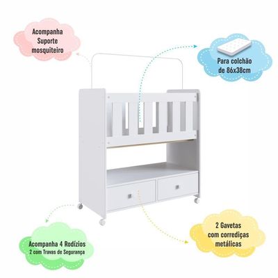 Mini Berço Infantil Moisés Com Rodas, Gavetas E Grade Em Mdf 90cm Quarto De Bebê Branco