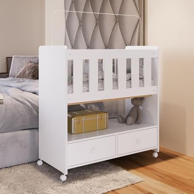 Mini Berço Infantil Moisés Com Rodas, Gavetas E Grade Em Mdf 90cm Quarto De Bebê Branco