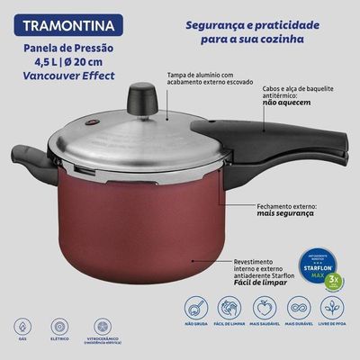 Panela De Pressão Tramontina Vancouver Effect Alumínio Com Revestimento Antiaderente Vermelho 20cm 4,5 Litros