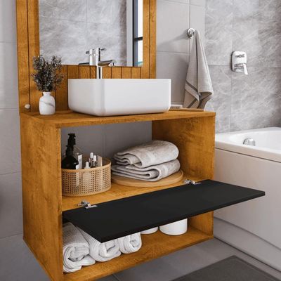 Conjunto Gabinete Com Espelheira Para Banheiro Zenit Naturalle Preto Fosco