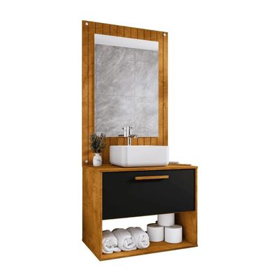 Conjunto Gabinete Com Espelheira Para Banheiro Zenit Naturalle Preto Fosco