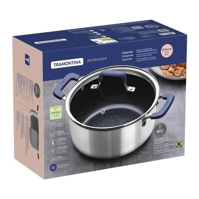 Caçarola Tramontina Romagna Aço Inox E Alumínio 24cm Com Revestimento Cerâmico Black Stone
