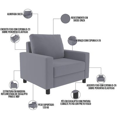 Kit 02 Poltronas Decorativas Para Sala De Estar E Recepção Malta L02 Suede Cinza - Lyam Decor