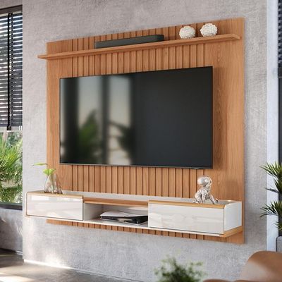 Painel Ripado Atlas - Mdf 1 Prateleira, Espaço Para Até 70" Jequitiba-off White - Lukaliam Móveis