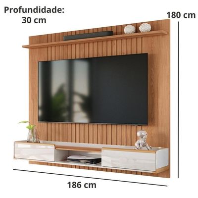 Painel Ripado Atlas - Mdf 1 Prateleira, Espaço Para Até 70" Jequitiba-off White - Lukaliam Móveis