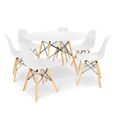 Conjunto De Mesa Eames Eiffel Redonda 120cm Branco + 6 Cadeiras Brancas