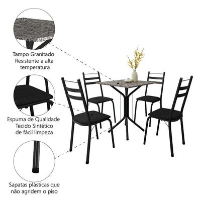 Conjunto De Mesa Sala De Jantar Com 4 Cadeiras Leia Tubular Granito Artefamol Preto