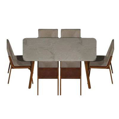 Conjunto de Mesa Retangular com Tampo MDP Petra Stellar e 6 Cadeiras Felipa Linho Areia e Caramelo