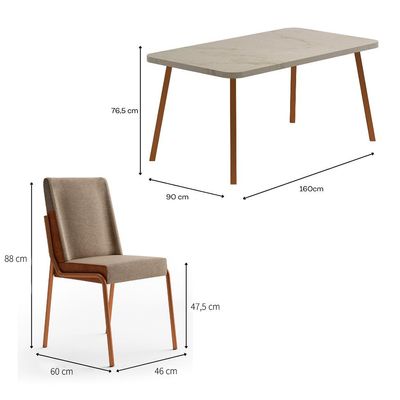 Conjunto de Mesa Retangular com Tampo MDP Petra Stellar e 6 Cadeiras Felipa Linho Areia e Caramelo