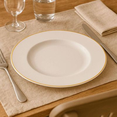 Kit 12 Pratos Rasos Jantar Branco Borda Dourada Porcelana 28cm Elisa Tramontina Aba Larga