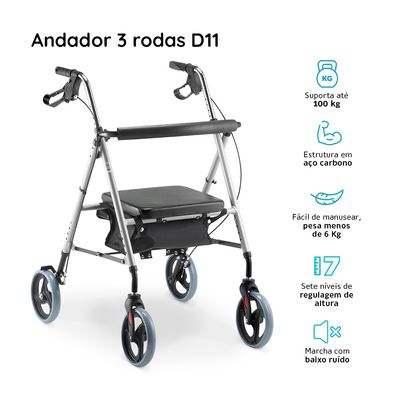 Andador de Alumínio Dobrável 4 Rodas D12 Dellamed Alumínio