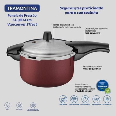 Panela De Pressão Tramontina Vancouver Effrect Alumínio Com Revestimento Antiaderente Vermelho 24cm 6 Litros