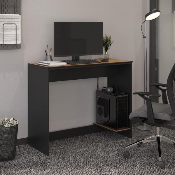 Mesa Para Escritório Com Passa Fios E Tampo Usinado Tech - Preto E Cedro