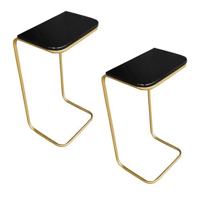 Kit 2 Mesas Lateral Tampo Preto P/ Sofá Base Dourado