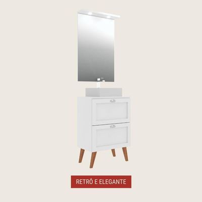 Gabinete Para Banheiro Com Tampo Cuba E Armario 60cm Retro Mdf Branco Milano - On Móveis